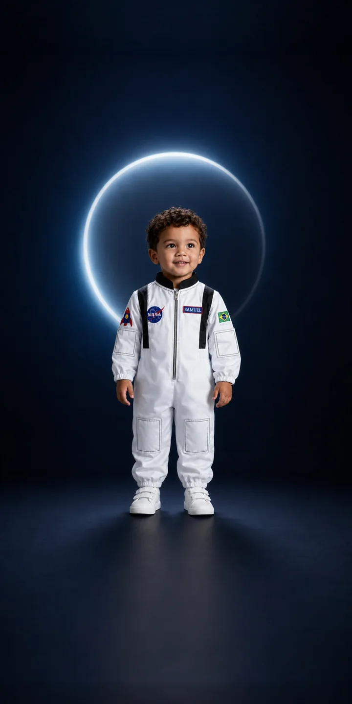 Criança de macacão astronauta branco diante do horizonte da Terra