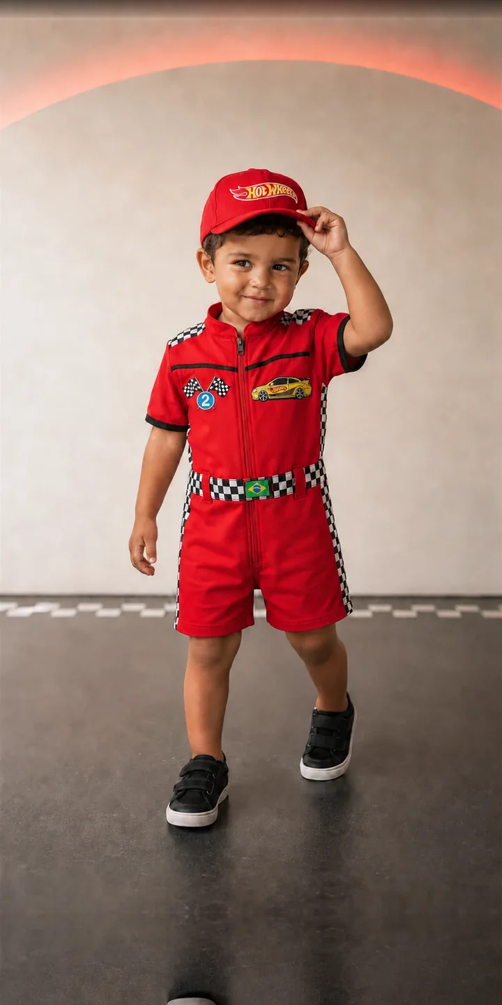 Criança de macacão Hot Wheels vermelho com boné na pista