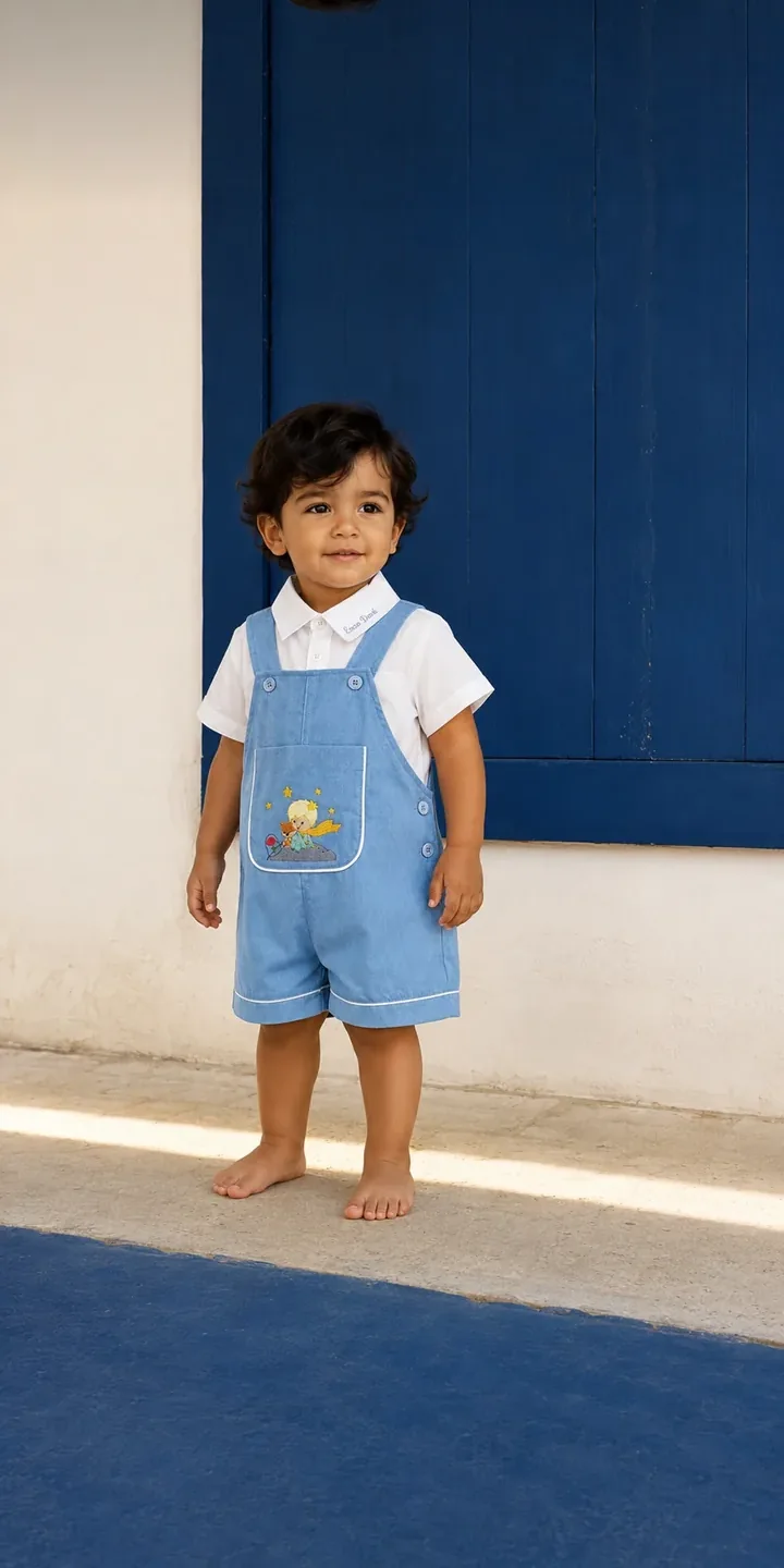 Menino de jardineira azul-clara com o principezinho bordado diante de uma janela azul