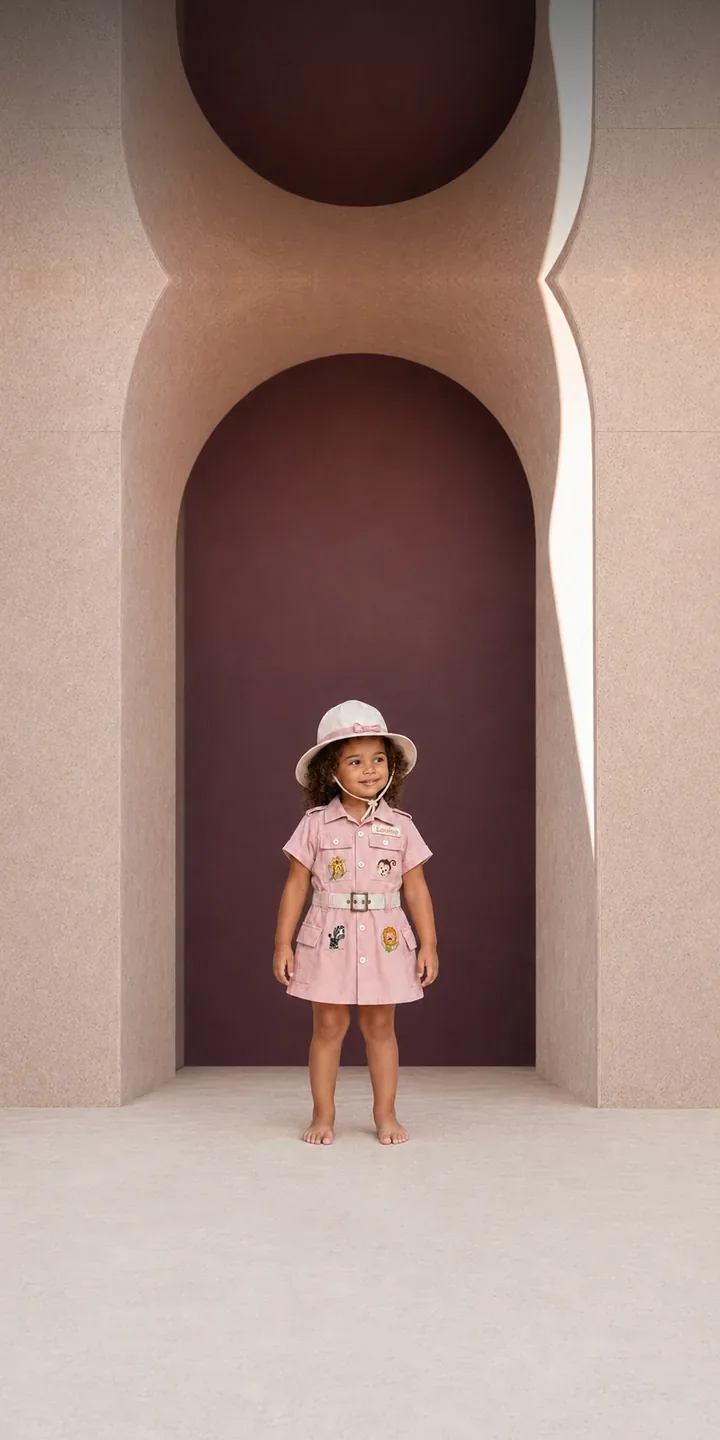 Menina de vestido safári rosa e chapéu diante de um arco rosado
