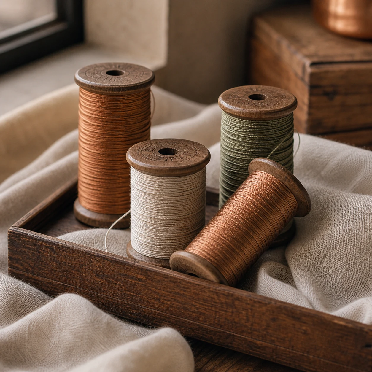Cones de linha em cobre dourado canon · variação sage e ivory · caixa de madeira vintage · linho ivory