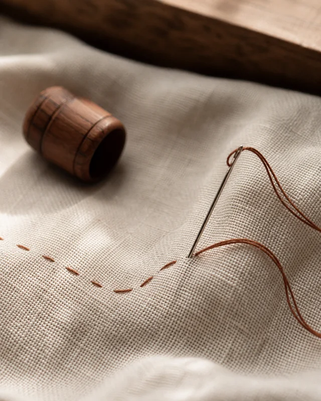 Detalhe textura linho ivory + agulha + linha cobre