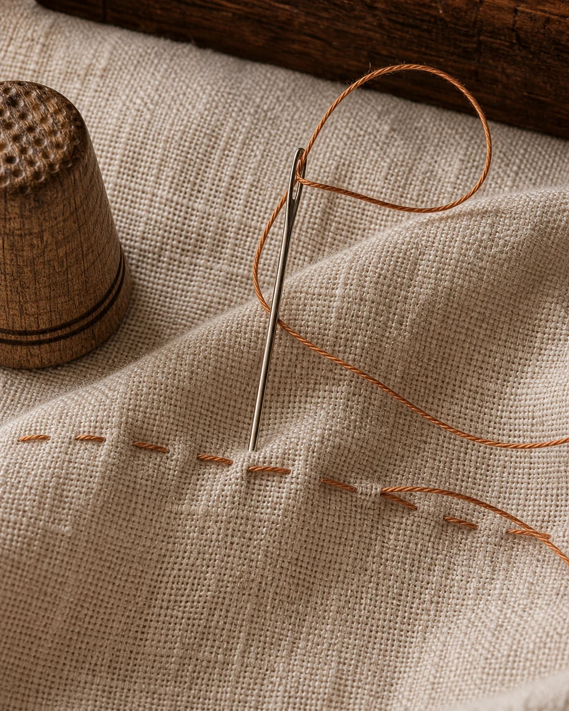 Macro do ponto-corrido em linha cobre sobre linho ivory · agulha enfiada e dedal de madeira · feito à mão