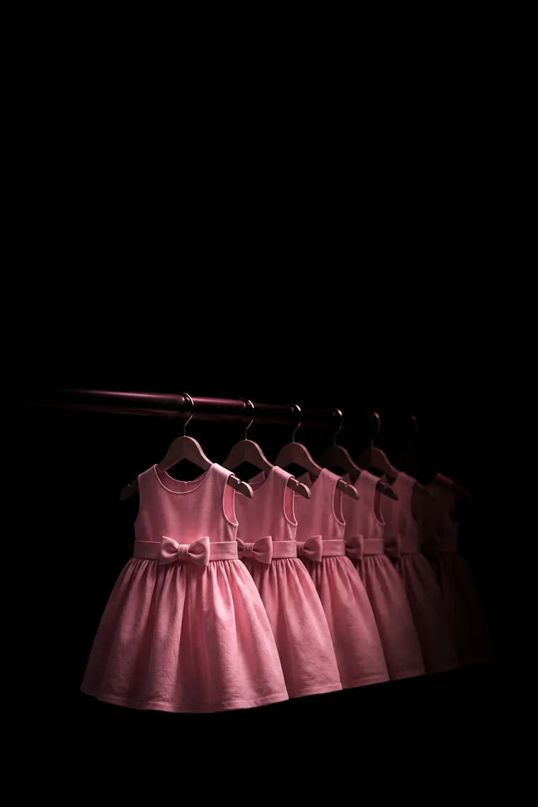 Fileira de vestidos infantis idênticos em cabides