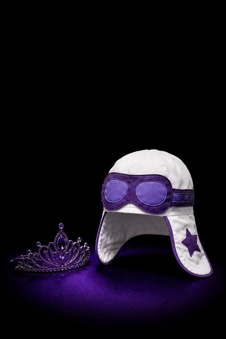Tiara deitada ao lado de touca de aviador infantil, luz roxa