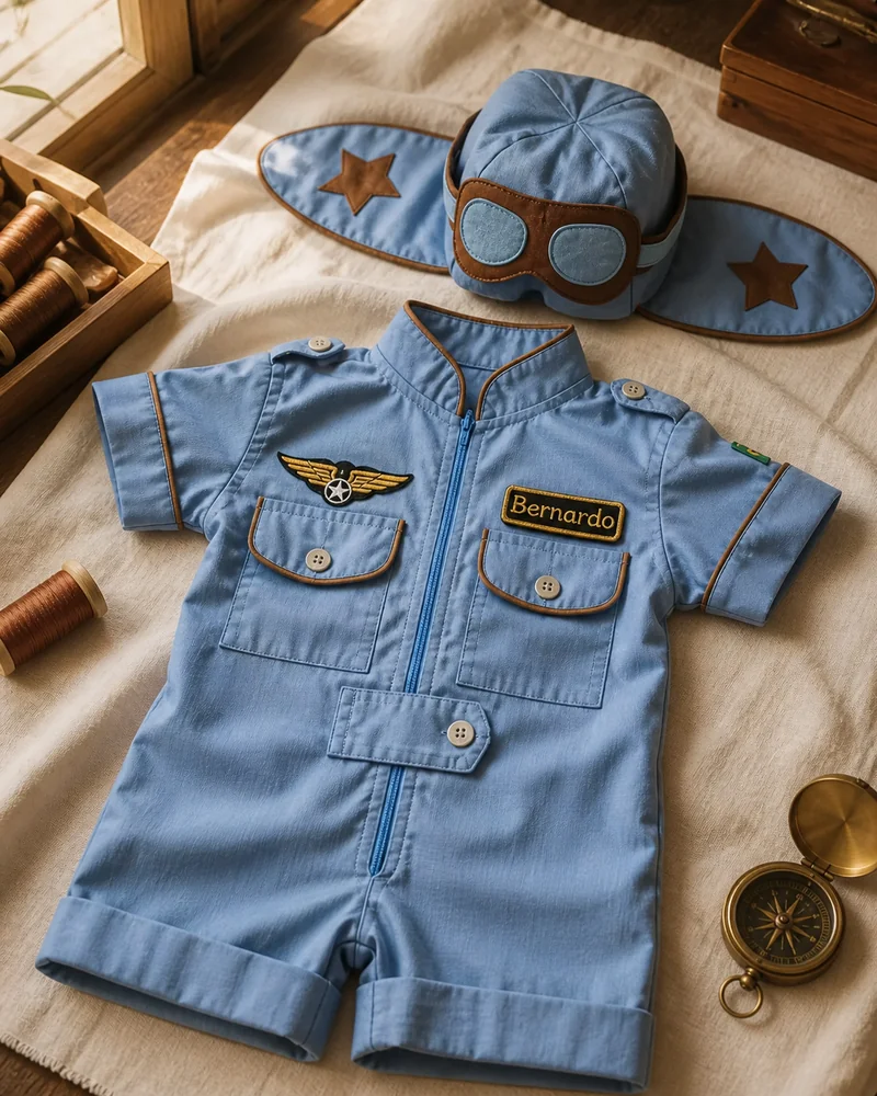 Macacão Aviador · cotton midnight blue com vivo cobre nas frentes · projeto Costuragi