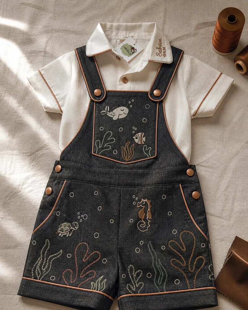 Jardineira Premium · lã midnight grey com botões de couro cobre · cerimônia · projeto Costuragi