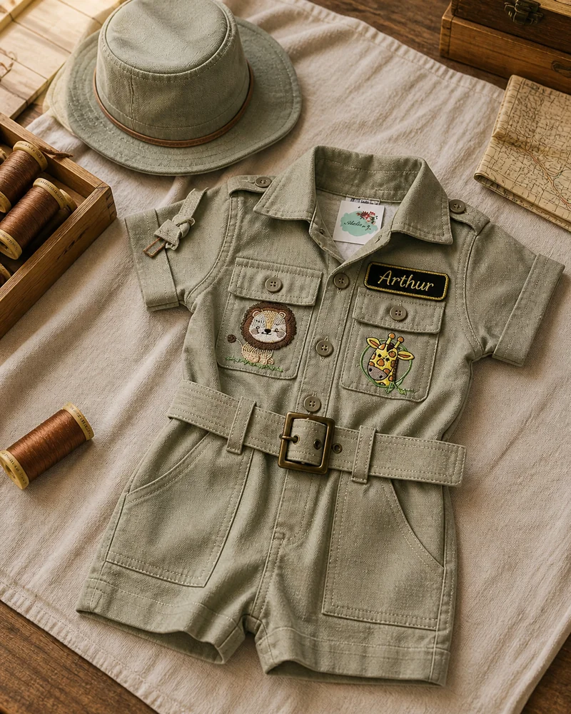 Macacão Safari · brim cargo sage-khaki sem estampa · com chapéu safari · projeto Costuragi